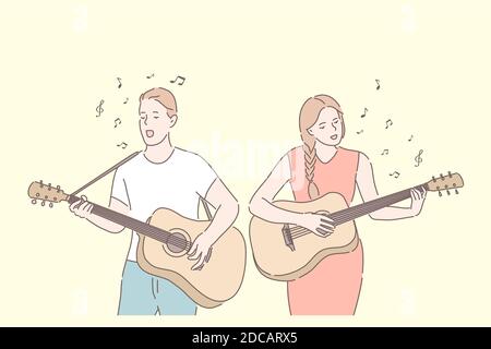 Music band, playing guitar, duet singing concept. Friends playing musical instruments. Young guitarists amateur performance. Musicians couple with aco Stock Vector