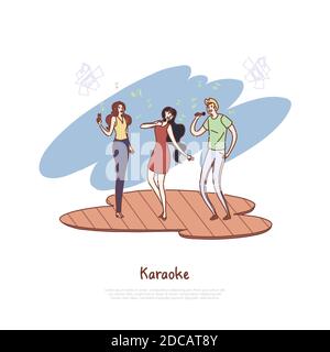 Happy people with microphones, friends group leisure, entertainment, song competition, musical party banner. Karaoke performance, singers on stage con Stock Vector