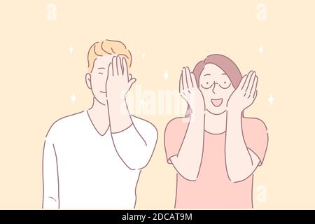 Facepalm gesture, joyful mood, funny situation concept. Young people laughing at joke. Boy feeling embarrassed. Woman covering face with hands. Cute f Stock Vector