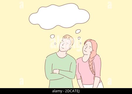 Common dreams, similar thoughts, sharing views concept. Happy family couple having same plans. Daydreaming metaphor. Boyfriend and girlfriend total un Stock Vector