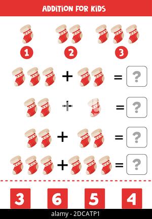 Addition of cartoon Christmas sock. Educational math game for kids. Stock Vector