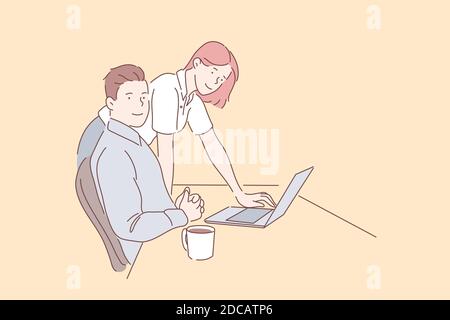 Business partners or colleagues at workplace concept. Smiling businessman and business woman working together at a desk in the office. A couple of emp Stock Vector