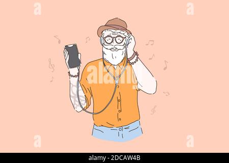 Vigorous old age, young in heart elderly person concept. Old hipster listening to music, stylish bearded man in hat and headphones holding smartphone. Stock Vector