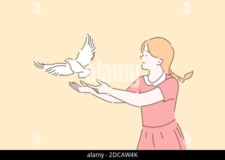 Peace symbol, freedom metaphor concept. Girl letting go white dove, cute kid setting free pigeon with open arms gesture, female volunteer taking care Stock Vector