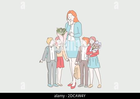 Teachers day celebration concept. Schoolchildren greeting impressed teacher, cheerful boys and girls with rucksacks giving flower bouquets to tutor. S Stock Vector