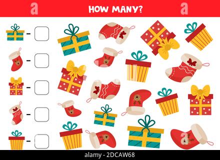 Count all Christmas presents and socks. Write down the right answer. Math game for kids. Stock Vector