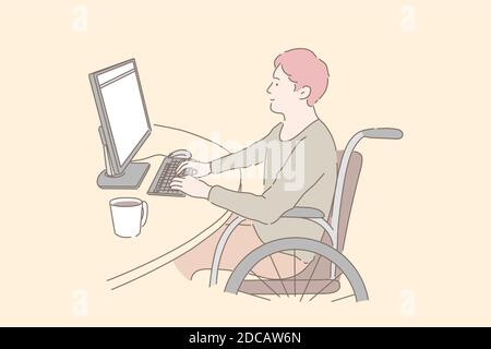 Disabled individual at work concept. Young man in wheelchair working with PC, social inclusion of handicapped people, paraplegic programmers freelance Stock Vector