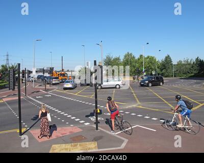 London, UK. The newly remodelled junction of Lea Bridge Road and Orient Way includes segregated cycle lanes, part of Waltham Forests Mini-Holland plan Stock Photo