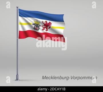 Waving flag of Mecklenburg-Vorpommern - state of Germany on flagpole. Template for independence day Stock Vector