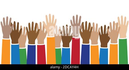 raised hands in different skin colors peace concept isolated on white ...