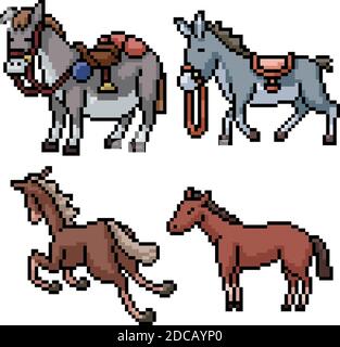 pixel art set isolated donkey vehicle Stock Vector