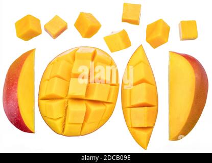 Set of mango cubes and mango slices isolated on a white background. Stock Photo