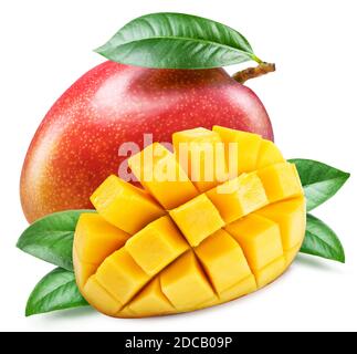 Mango with leaves and mango slices isolated on a white background. Clipping path. Stock Photo