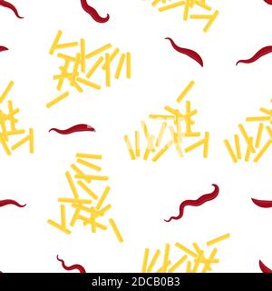 Yellow French Fries and Ketchup Texture. Fry Potato Chips Seamless Pattern. Fast Food Snack. Organic Food. Stock Vector