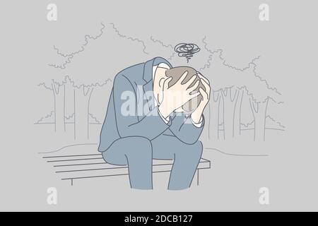 Despair, frustration, depression, business concept. Desperate young businessman crying in his hands sitting on bench covering head. Fatigue headache o Stock Vector