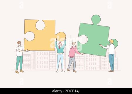 Teamwork, partnership, cooperation, business concept. Working enterprise collaboration mutual assistance. Team of businessmen woman partners coworkers Stock Vector