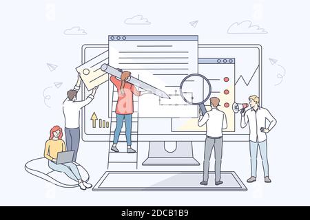 Business, web development, collaboration, teamwork concept. Team of young businessmen women clerks managers coworkers coding working together on websi Stock Vector