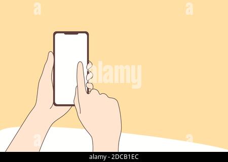 Shopping, technology, online, quarantine, business concept. Human hands holding smartphone and pointing to touchscreen and pressing the buy button. On Stock Vector