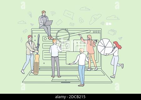 Teamwork, business, partnership, digital marketing concept. Team of businessmen women coworkers cartoon characters surfing searching internet web page Stock Vector