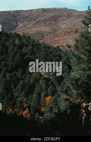 A vertical shot of forested mountains under a bright sky Stock Photo