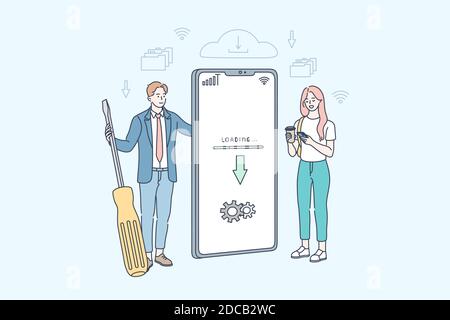 Downloading, service, program, update, repair, business concept. Woman user stands with businessman holds screwdriver near smartphone. Upgrading opera Stock Vector