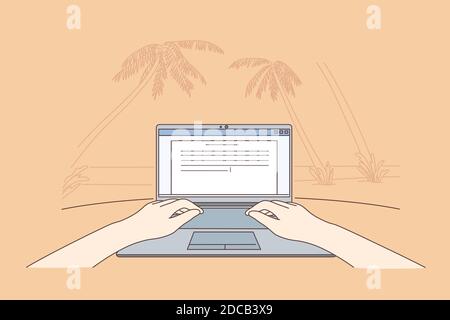 Freelance, coding, remote work, business concept. Human freelancer cartoon chararacter sitting on sea ocean beach and working programming remotely. Su Stock Vector