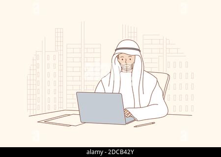 Arab man works in office concept. Smiling happy arabic businessman muslim clerk manager cartoon character sitting at laptop in a modern office wearing Stock Vector