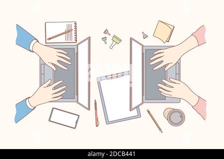 Coworking, business, freelance, coding concept. Team man and woman hands typing text article for posting content. Teamwork for website development and Stock Vector