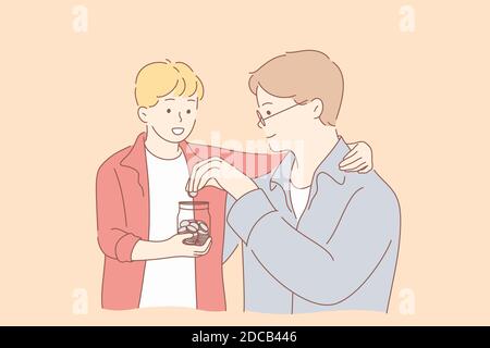 Fatherhood, childhood, money, help concept. Cartoon characters young man father helps child kid son giving investing coins to jar. Pocket money accumu Stock Vector