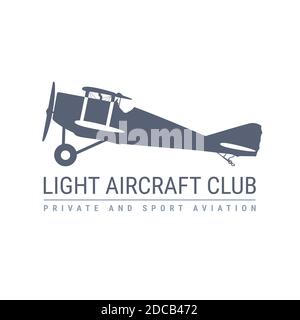 Light aviation emblem with retro airplane, biplane side view, propeller aircraft logo, vector illustration Stock Vector