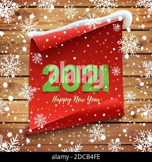 Happy New Year 2021 Greeting card. Red curved banner on wooden planks. Stock Vector