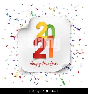 Happy New Year 2021. Colorful paper design with ribbons and confetti. Stock Vector