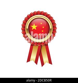 Red rosette with China flag in gold badge, award icon or quality symbol with flag of China Stock Vector