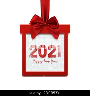 Happy New Year 2021 design, square banner in form of Christmas gift. Stock Vector