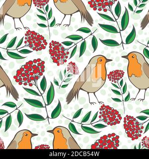 Robin Redbreast, berries and leaves seamless vector pattern background. Hand drawn European garden birds with lush foliage on textured backdrop Stock Vector
