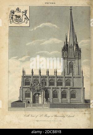 Oxford South view of St. Mary's or University Church. Oxford is the county town and only city of Oxfordshire, England. Copperplate engraving From the Encyclopaedia Londinensis or, Universal dictionary of arts, sciences, and literature; Volume XVIII;  Edited by Wilkes, John. Published in London in 1821 Stock Photo