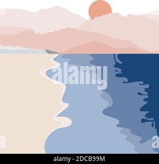 Landscape view of natural sea coast with mountain range in morning sunrise or evening sunset time in orange-red and blue colors. Stock Vector