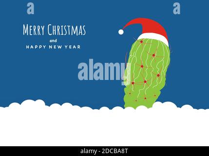 Merry Christmas and happy new year. Cactus wearing Santa Claus hat on blue background. Vector illustration. Stock Vector
