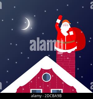 Santa Claus with a bag of gifts goes down the chimney. Flat vector postcard for Christmas greeting cards, banners, tags and labels. Eps 10. Stock Vector