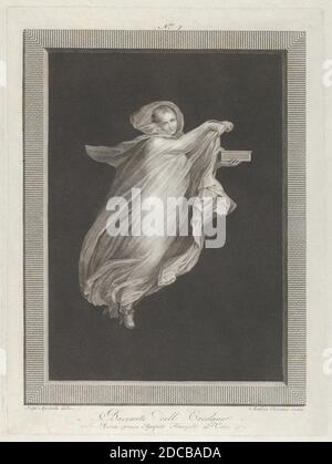A bacchante wearing a hooded shawl and holding a box in her left hand, set against a black background inside a rectangular frame, ca. 1795-ca. 1820. Stock Photo
