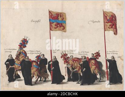 Plate 32: Men with heraldic flags and horses from Overijssel and Utrecht marching in the funeral procession of Archduke Albert of Austria; from 'Pompa Funebris ... Alberti Pii', 1623. Stock Photo