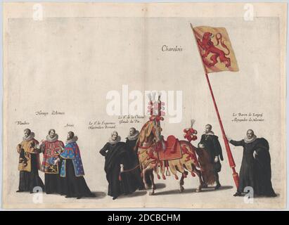 Plate 35: Men with heraldic flags and horses from Charolois marching in the funeral procession of Archduke Albert of Austria; from 'Pompa Funebris ... Alberti Pii', 1623. Stock Photo