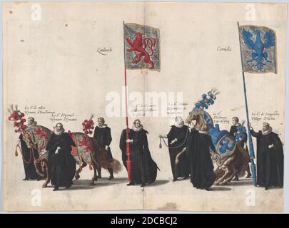 Plate 39: Men with heraldic flags and horses from Burgundy and Artois marching in the funeral procession of Archduke Albert of Austria; from 'Pompa Funebris ... Alberti Pii', 1623. Stock Photo