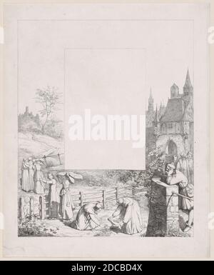 Plate 5: women collecting plants and carrying them over their heads, a male onlooker at right and a castle in the background, from 'Lieder eines Malers mit Randzeichnungen seiner Freunde', 1836. Stock Photo