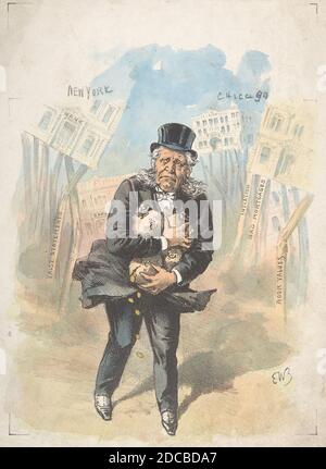 Man Clutching Moneybags While Banks Collapse, late 19th-early 20th century. Stock Photo