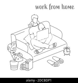 Work from home. A Conceptual Set Of Doodles. A man with a laptop on the couch. Stock Vector