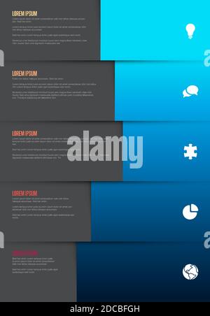 Five graph elements infographic template - each column element contains icon, title and description - dark gradient vertical version Stock Vector