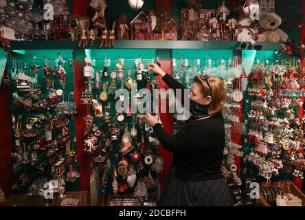 Lyndsey McDermott at her Christmas Shop, Tinsel & Tartan in Stirling. The shop will close today due to latest restrictions with her online business to continue. Eleven local council areas in Scotland will move into Level 4 restrictions from 6pm on Friday to slow the spread of coronavirus. Stock Photo