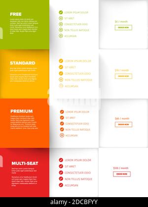 Products service feature compare mosaic list table template with various options, description, features and prices - four color version with white blo Stock Vector