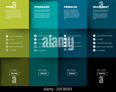 Products service feature compare mosaic list table template with various options, description, features and prices - green and blue horizontal color v Stock Vector